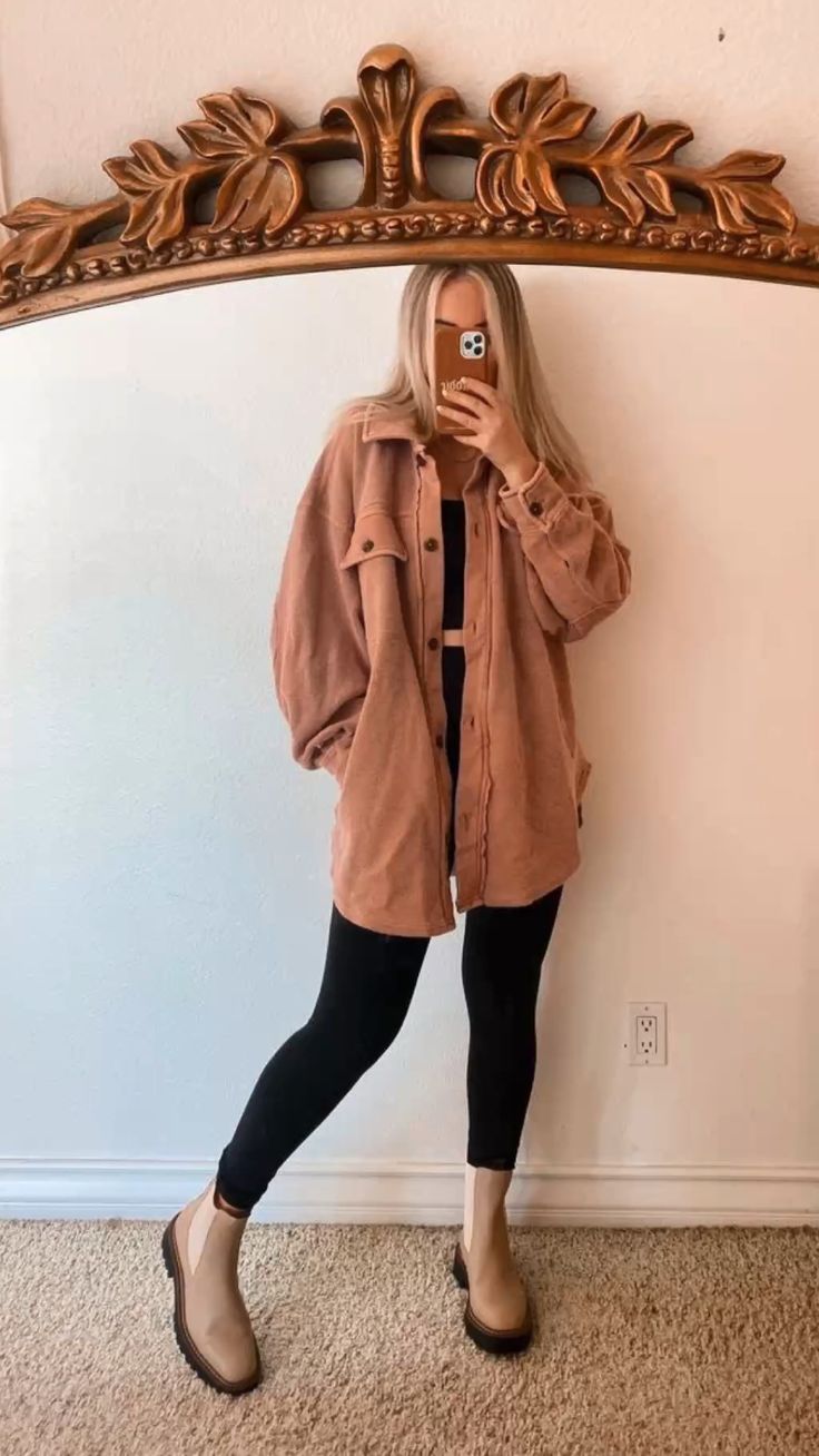 Earthy Pink Shacket with Beige Chelsea Boots